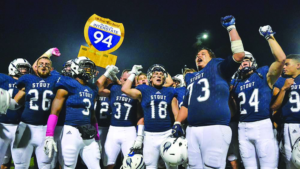UW-Stout defeated UW-Eau Claire, 30-7, to retain the War in I-94 trophy. / UW-Stout Sports Information photos