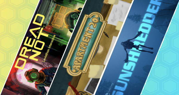 Three games screen captures pictured: Dread Not, Apartment 20, & SunShredder. 