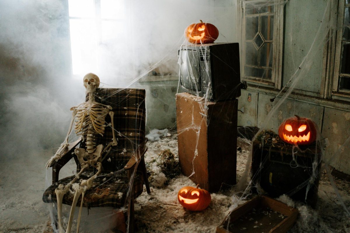 Halloween: skeletion, tv, cobwebs, & Jack-O-Lantern
