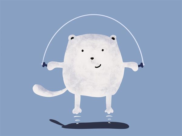 Illustration of a cat jumping rope.